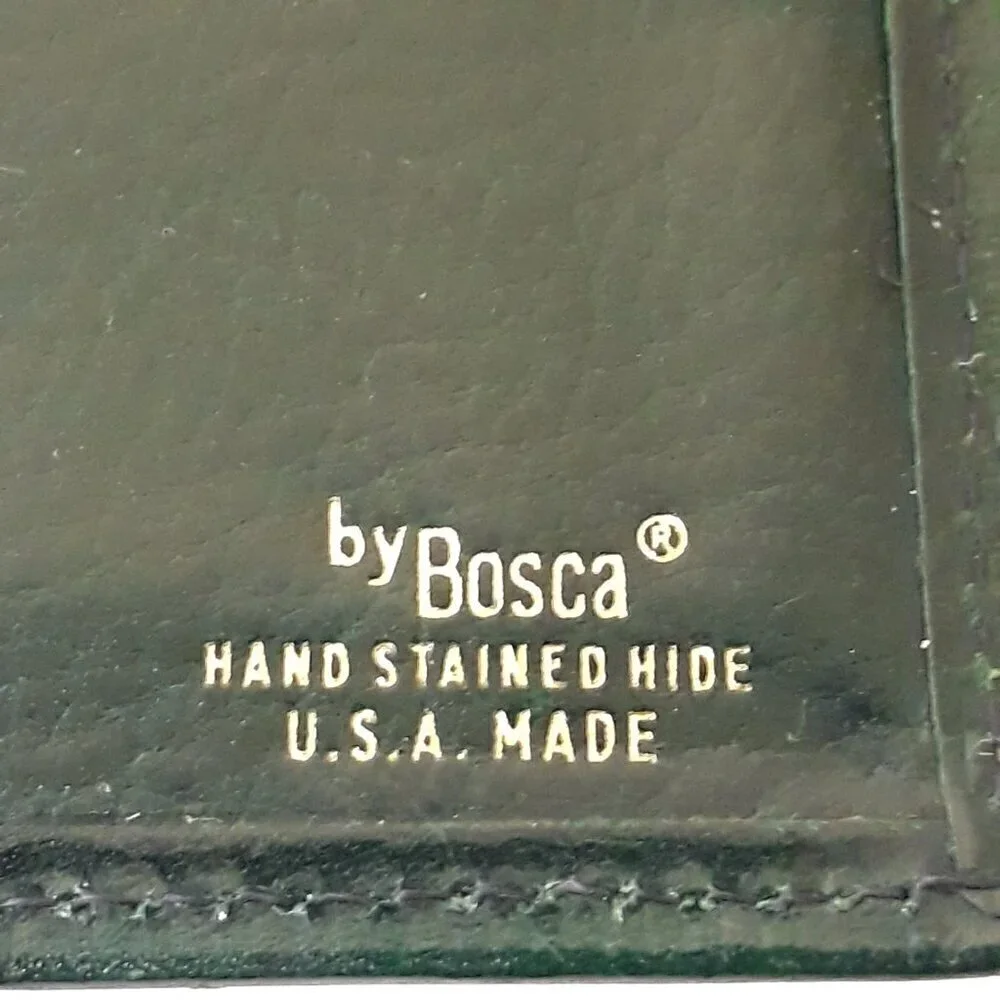 Vtg Bosca Hand Stained Hide Green Leather Kisslock Tri-fold Check Book Wallet